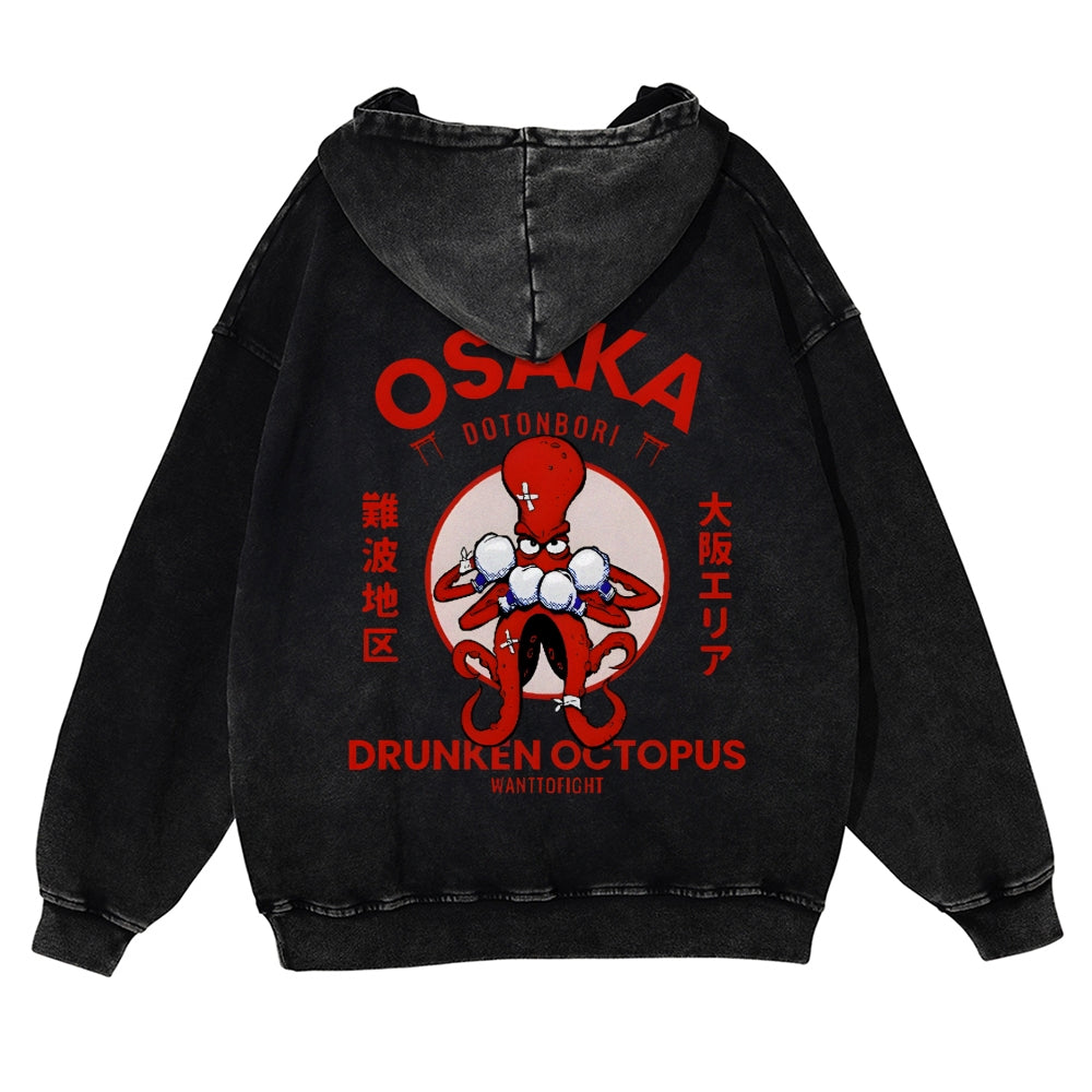 Osaka Drunken Octopus Vintage Washed Cotton Back Art Hoodie