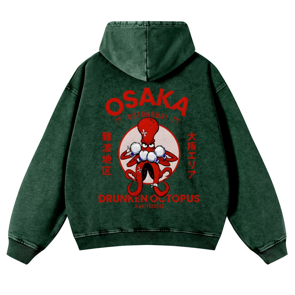 Osaka Drunken Octopus Vintage Washed Cotton Back Art Hoodie