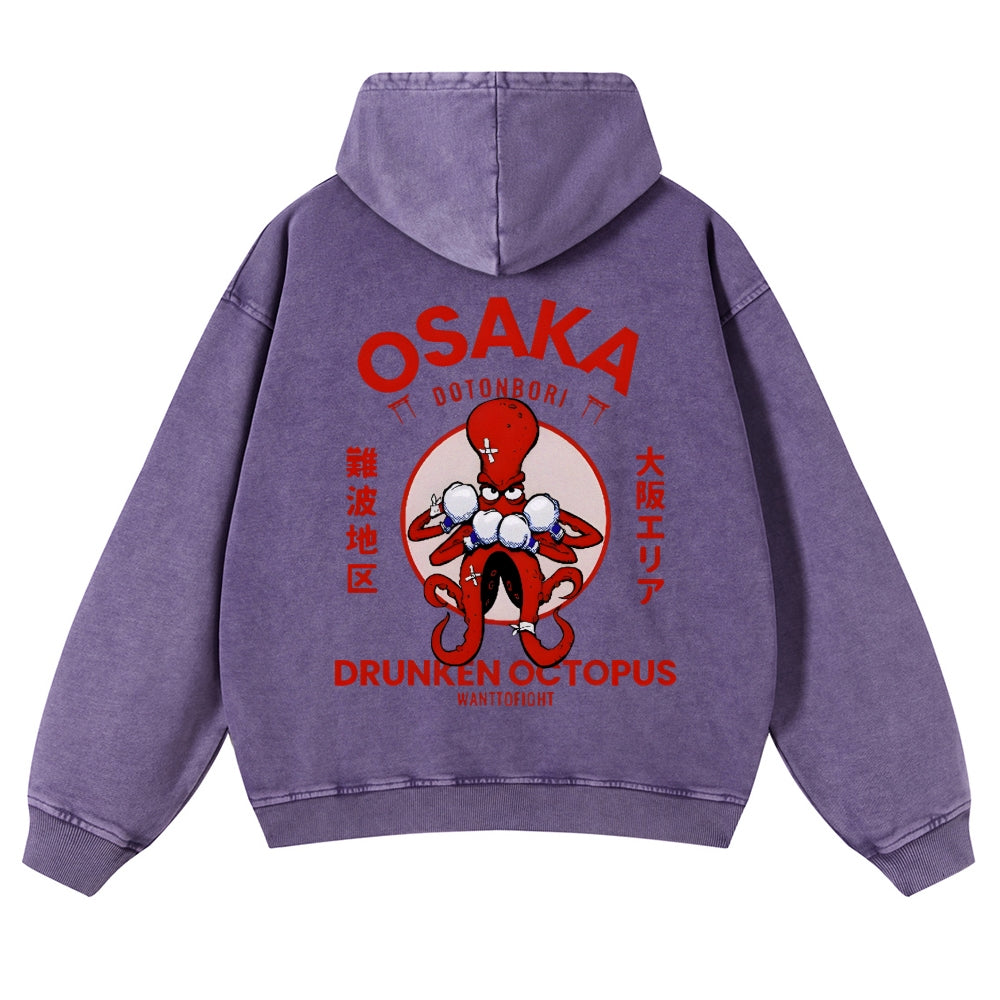 Osaka Drunken Octopus Vintage Washed Cotton Back Art Hoodie