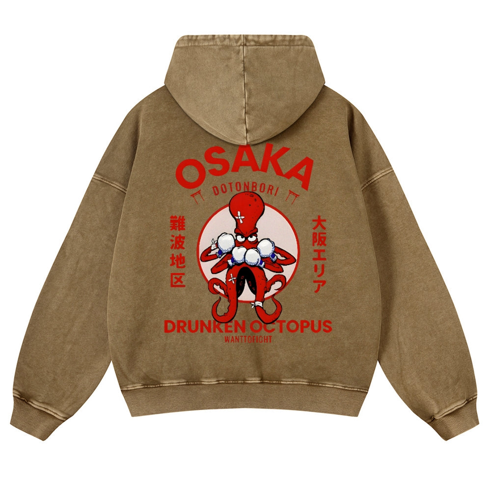 Osaka Drunken Octopus Vintage Washed Cotton Back Art Hoodie