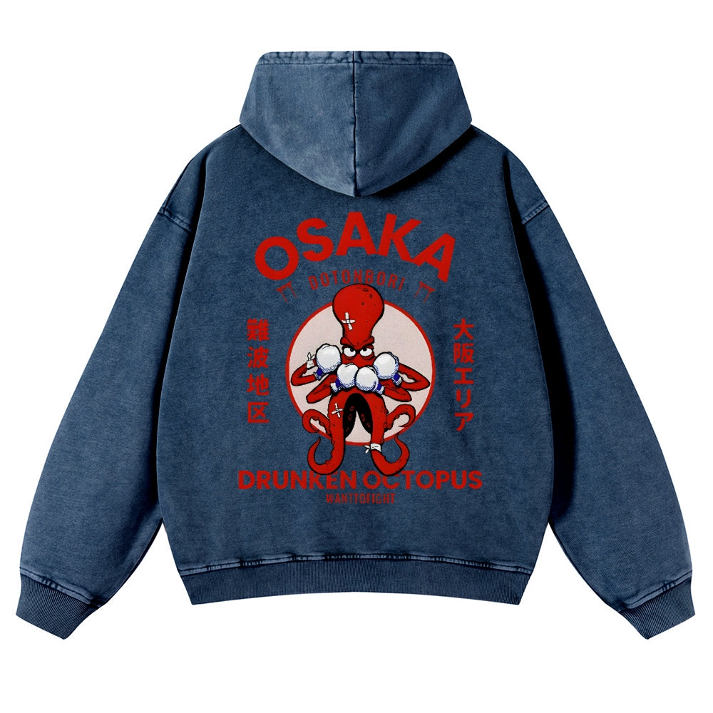 Osaka Drunken Octopus Vintage Washed Cotton Back Art Hoodie