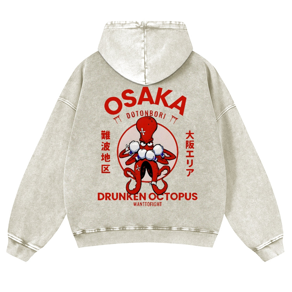 Osaka Drunken Octopus Vintage Washed Cotton Back Art Hoodie