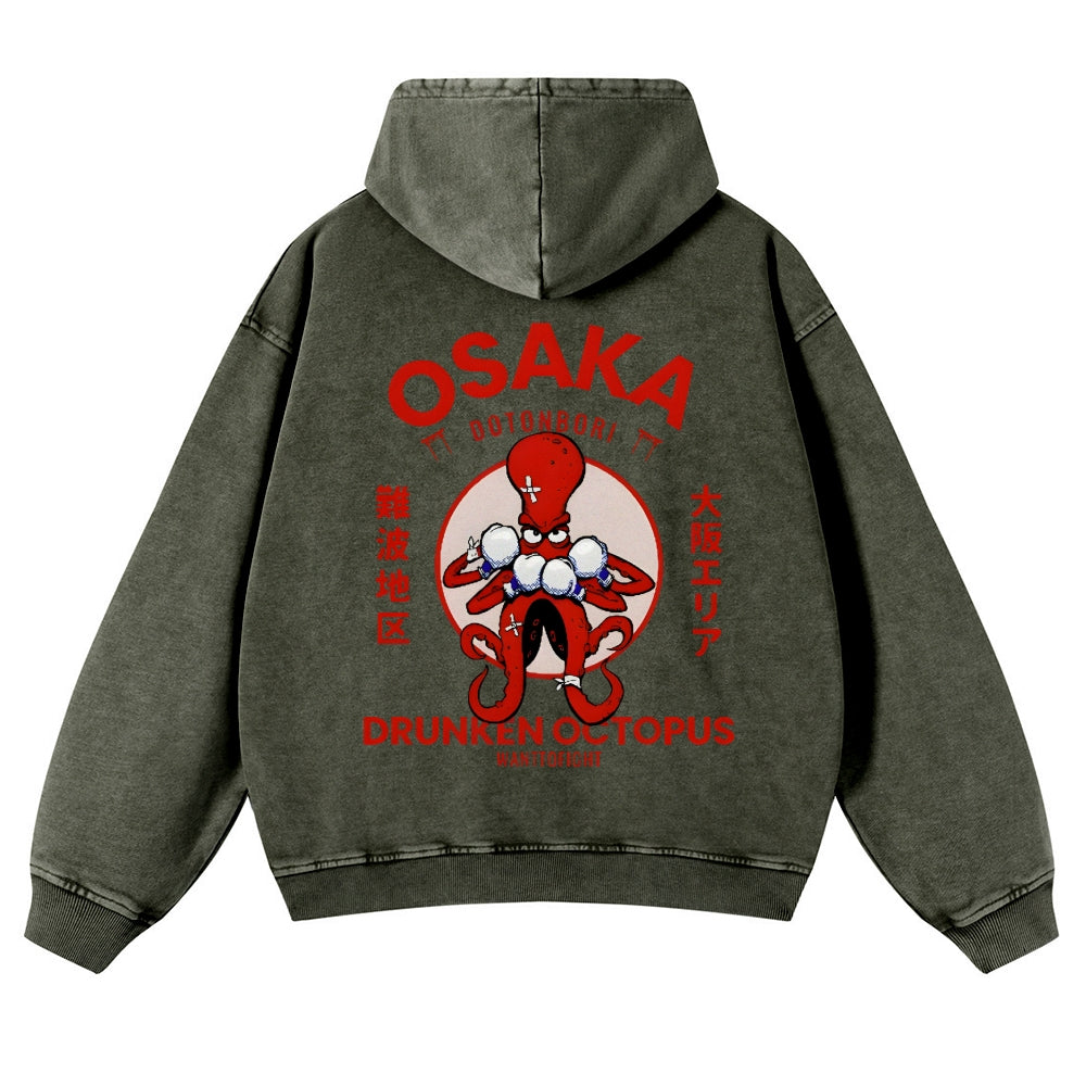 Osaka Drunken Octopus Vintage Washed Cotton Back Art Hoodie