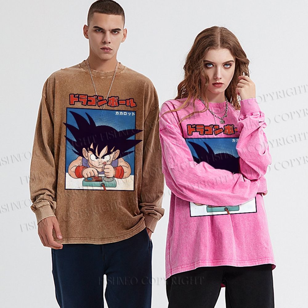 Unisex Casual Washed Son Goku Printed Long Sleeve T-shirt