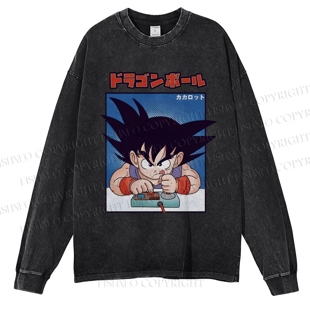 Unisex Casual Washed Son Goku Printed Long Sleeve T-shirt