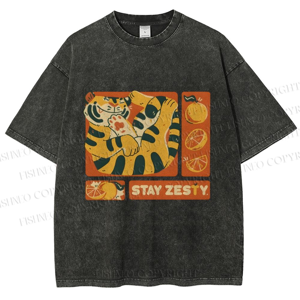 Unisex Stay Zesty Tiger Printed Washed Tee
