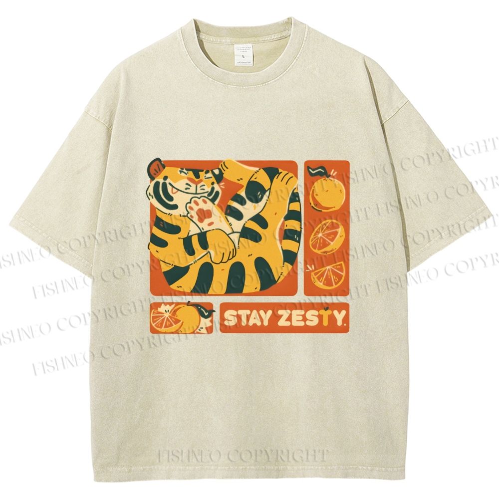 Unisex Stay Zesty Tiger Printed Washed Tee