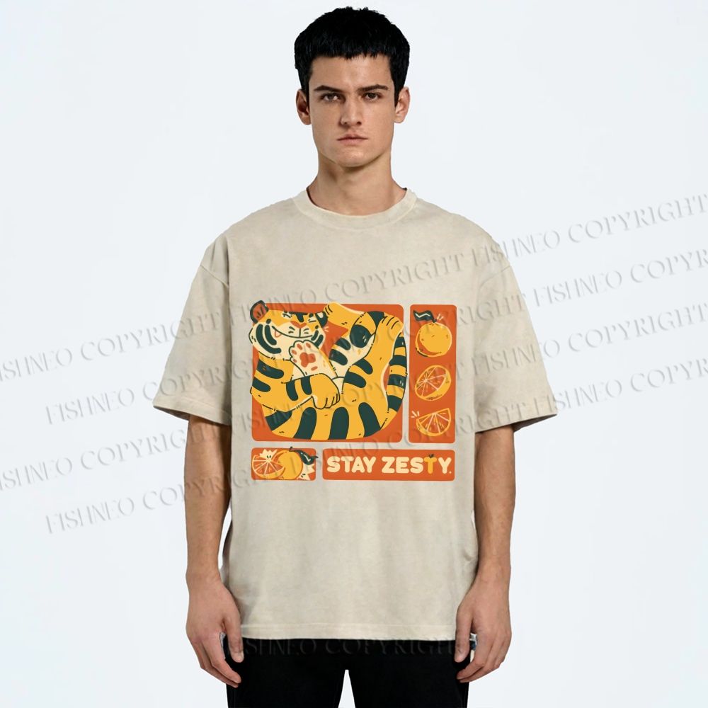 Unisex Stay Zesty Tiger Printed Washed Tee