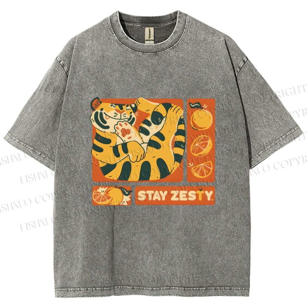 Unisex Stay Zesty Tiger Printed Washed Tee