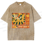 Unisex Stay Zesty Tiger Printed Washed Tee