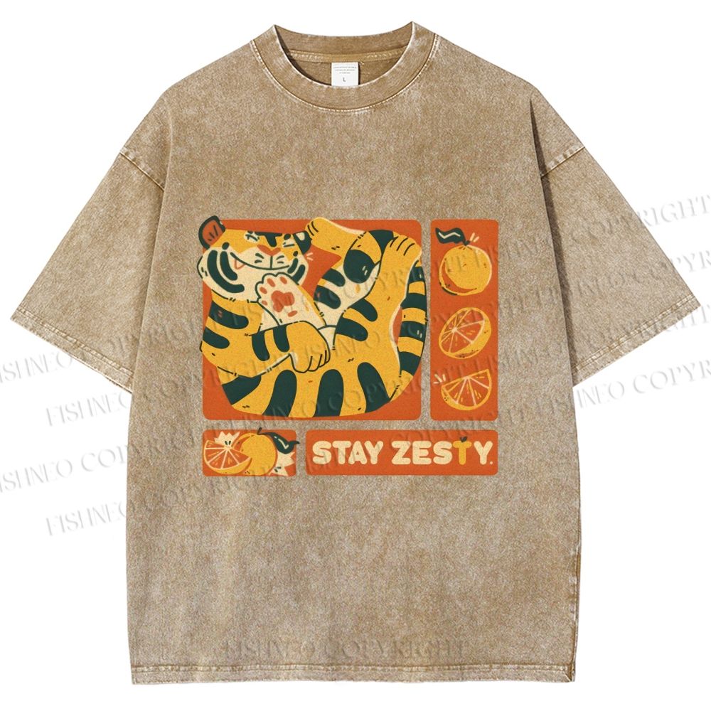 Unisex Stay Zesty Tiger Printed Washed Tee