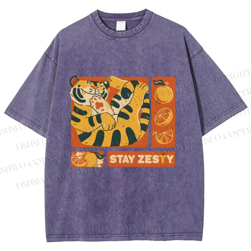 Unisex Stay Zesty Tiger Printed Washed Tee