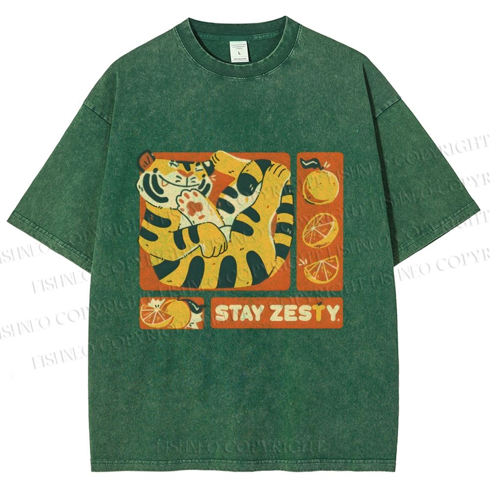 Unisex Stay Zesty Tiger Printed Washed Tee