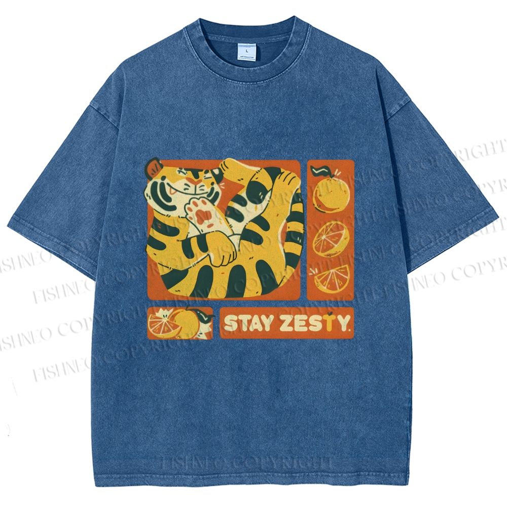 Unisex Stay Zesty Tiger Printed Washed Tee