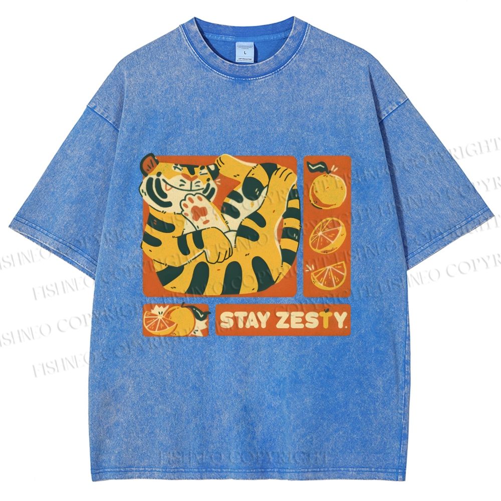 Unisex Stay Zesty Tiger Printed Washed Tee