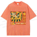 Unisex Stay Zesty Tiger Printed Washed Tee