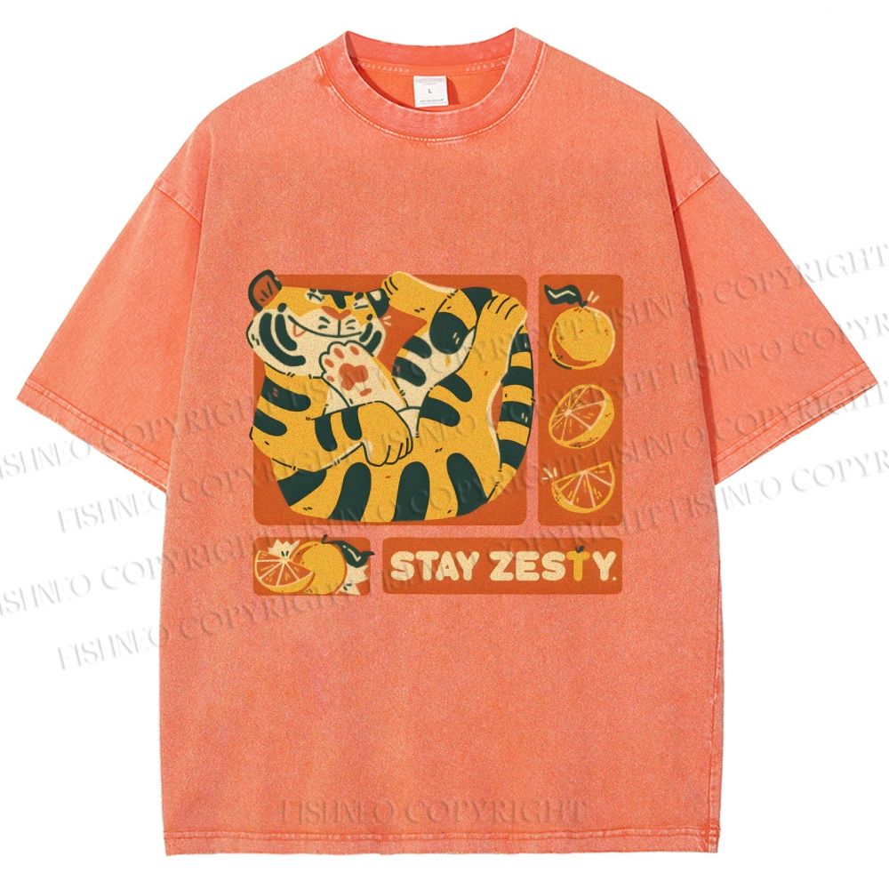 Unisex Stay Zesty Tiger Printed Washed Tee