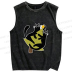 Unisex Black Cats on Christmas Tree Printed Washed Tank Top