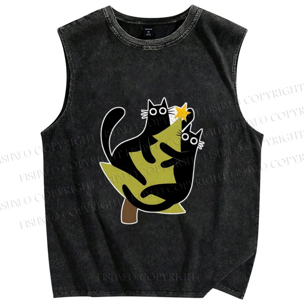 Unisex Black Cats on Christmas Tree Printed Washed Tank Top