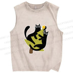 Unisex Black Cats on Christmas Tree Printed Washed Tank Top