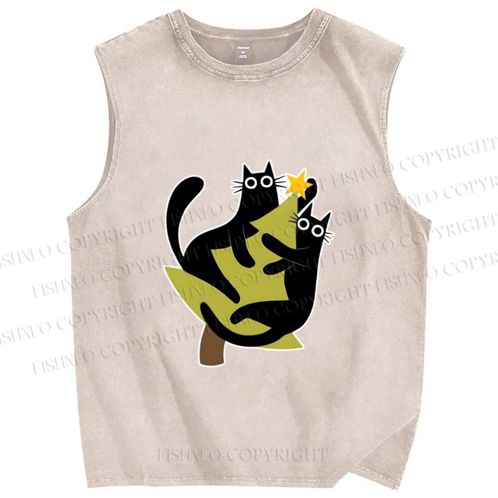 Unisex Black Cats on Christmas Tree Printed Washed Tank Top