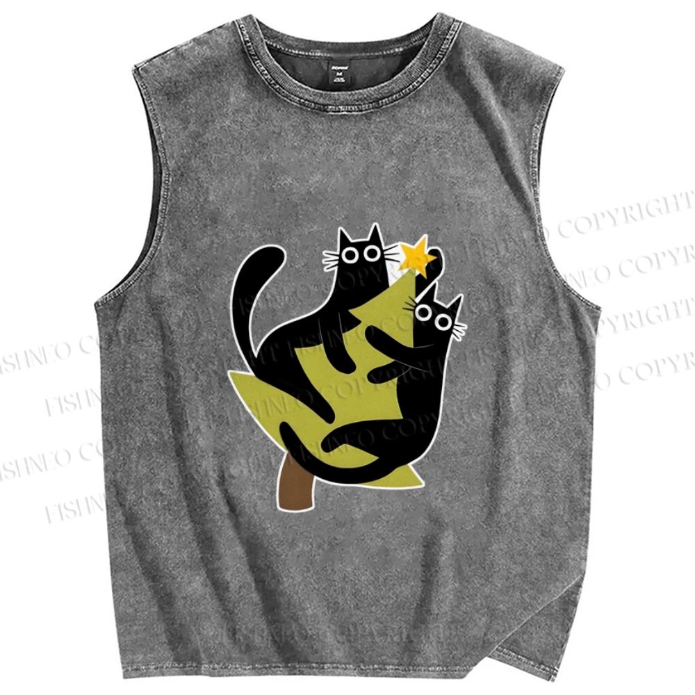 Unisex Black Cats on Christmas Tree Printed Washed Tank Top