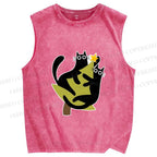 Unisex Black Cats on Christmas Tree Printed Washed Tank Top