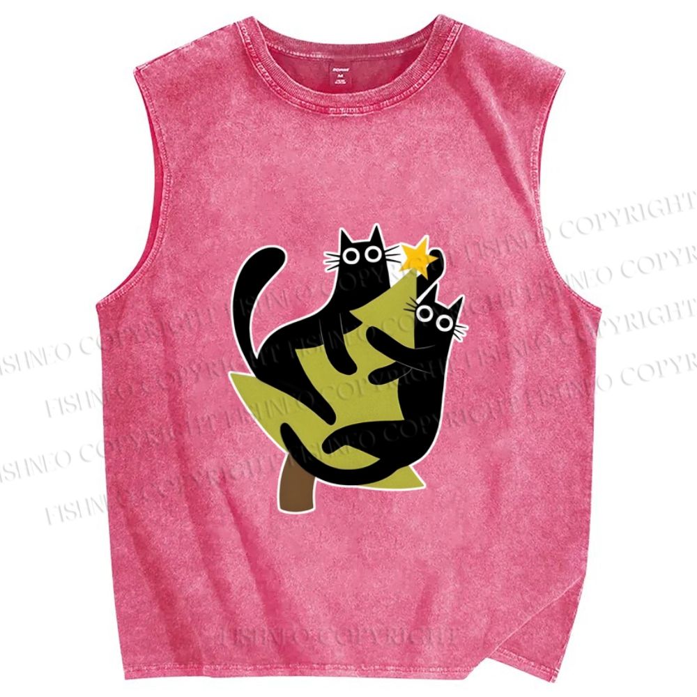 Unisex Black Cats on Christmas Tree Printed Washed Tank Top