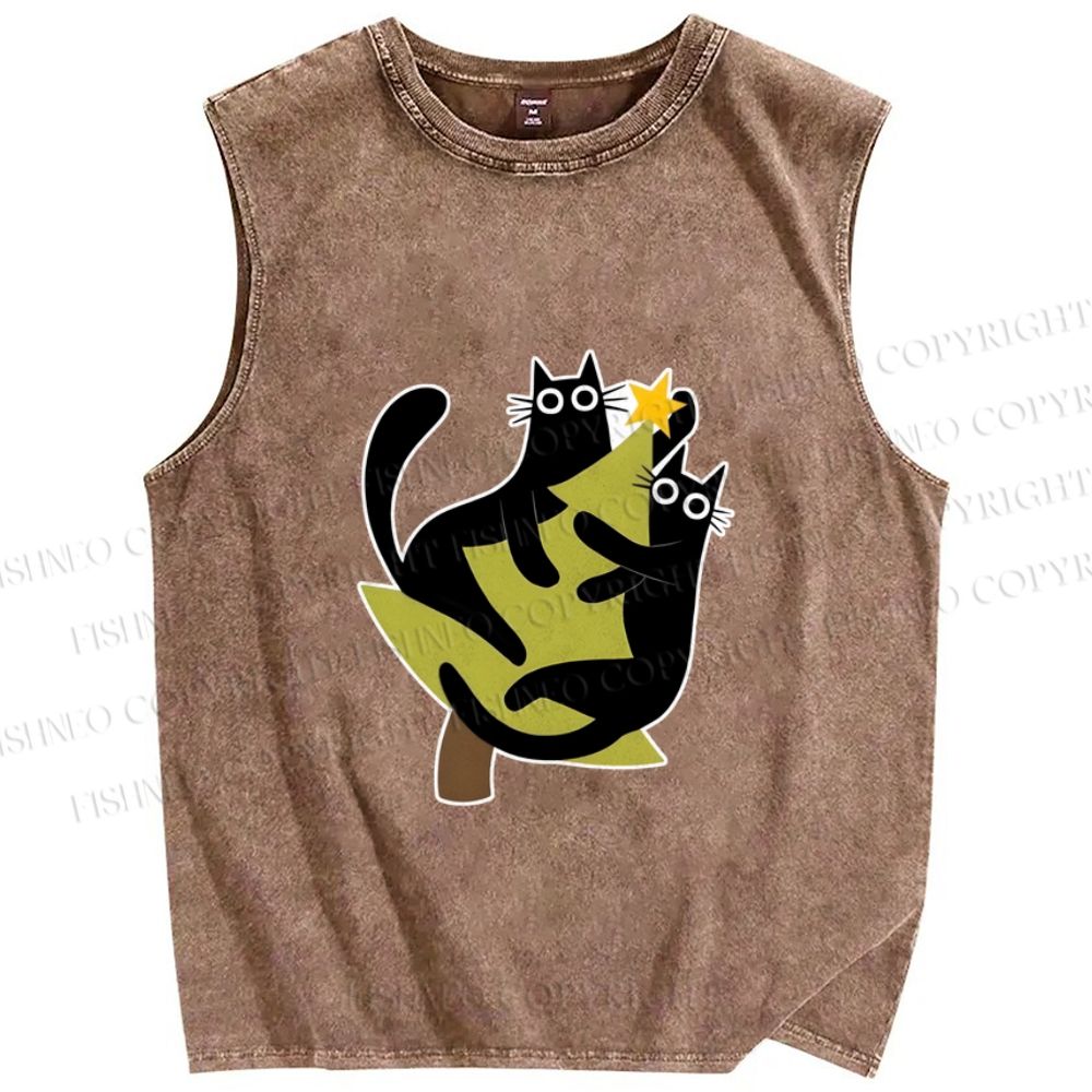Unisex Black Cats on Christmas Tree Printed Washed Tank Top