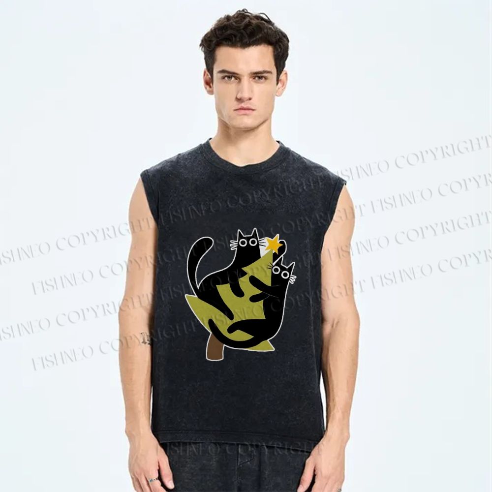 Unisex Black Cats on Christmas Tree Printed Washed Tank Top