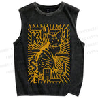 Unisex Cat With Stars Printed Washed Tank Top