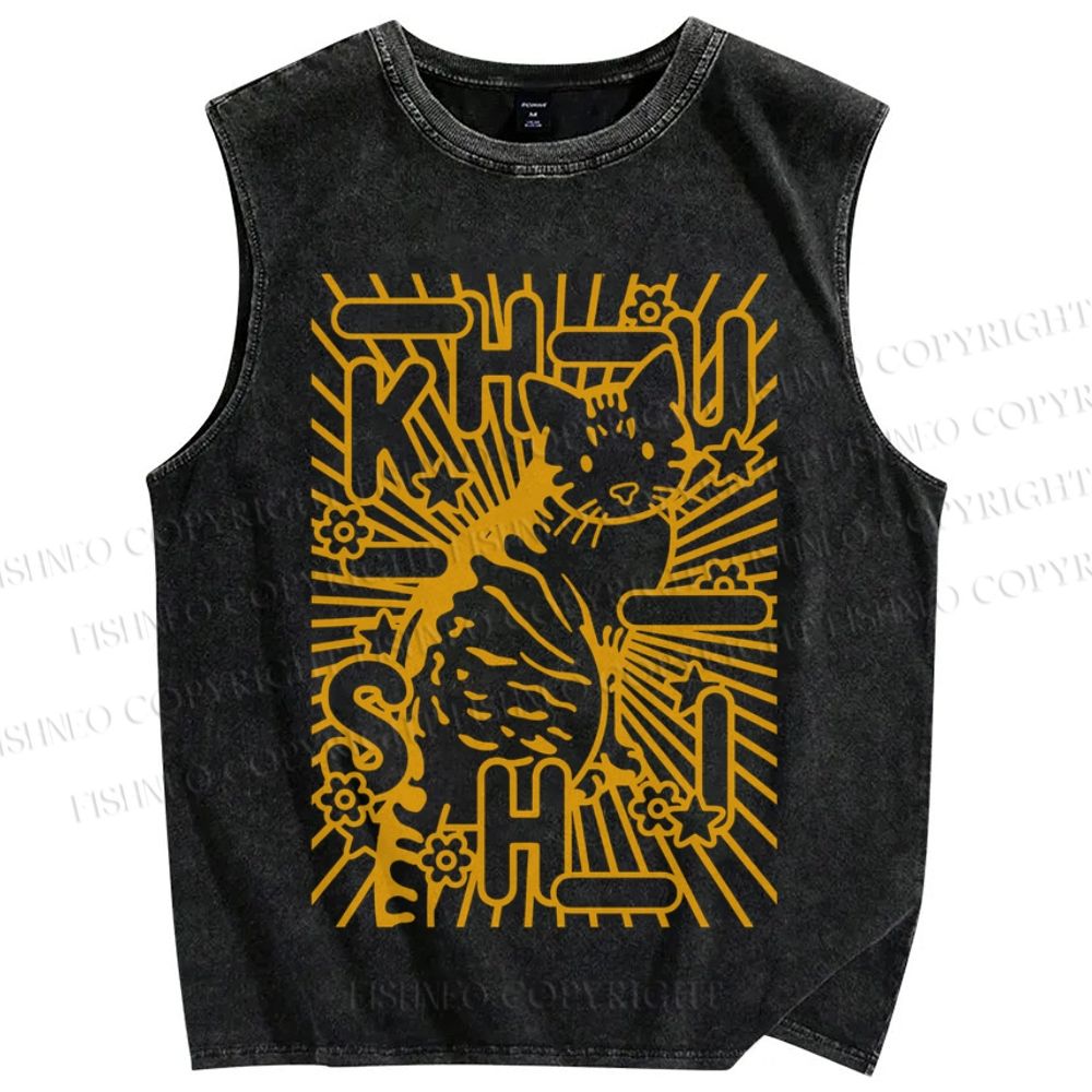 Unisex Cat With Stars Printed Washed Tank Top
