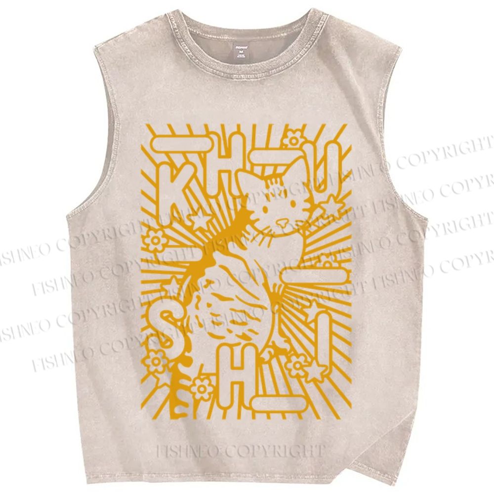 Unisex Cat With Stars Printed Washed Tank Top