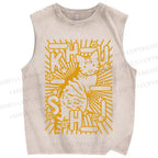Unisex Cat With Stars Printed Washed Tank Top