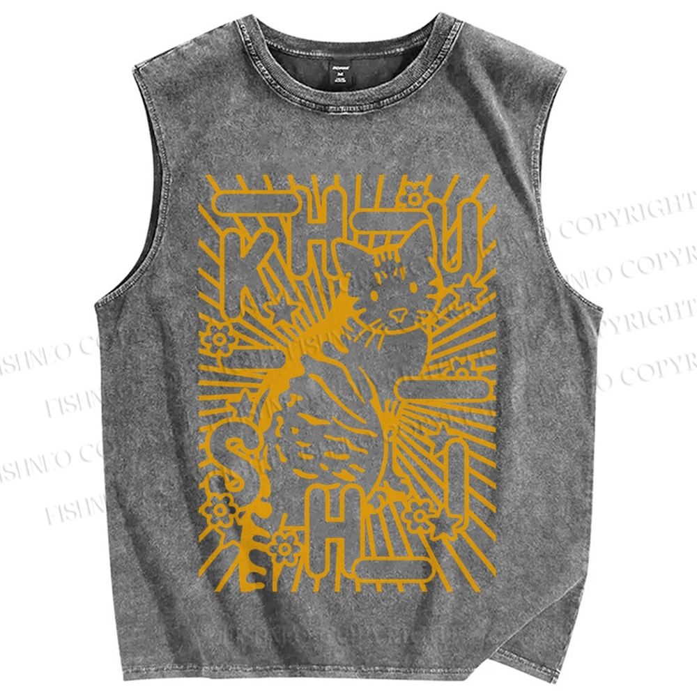 Unisex Cat With Stars Printed Washed Tank Top