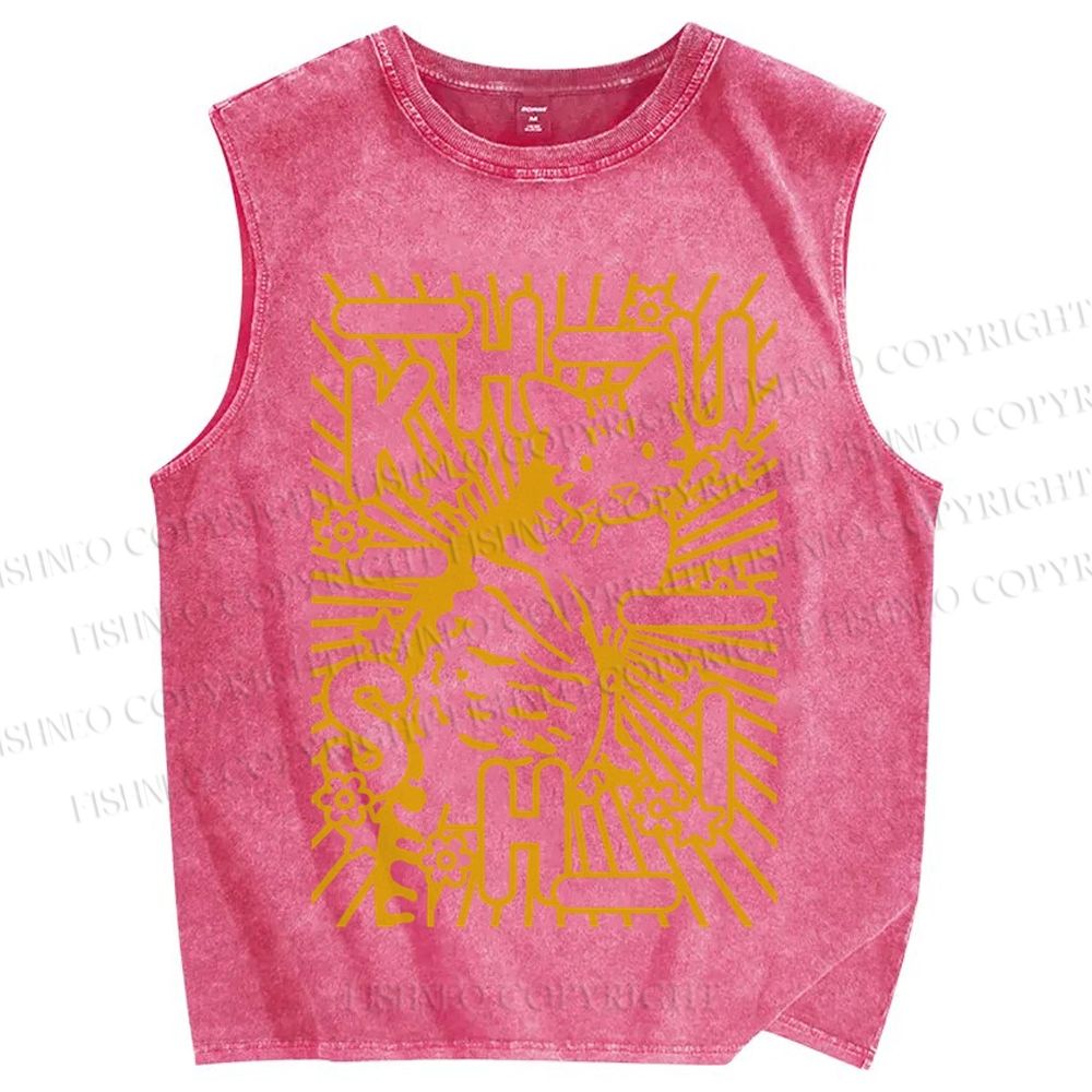 Unisex Cat With Stars Printed Washed Tank Top