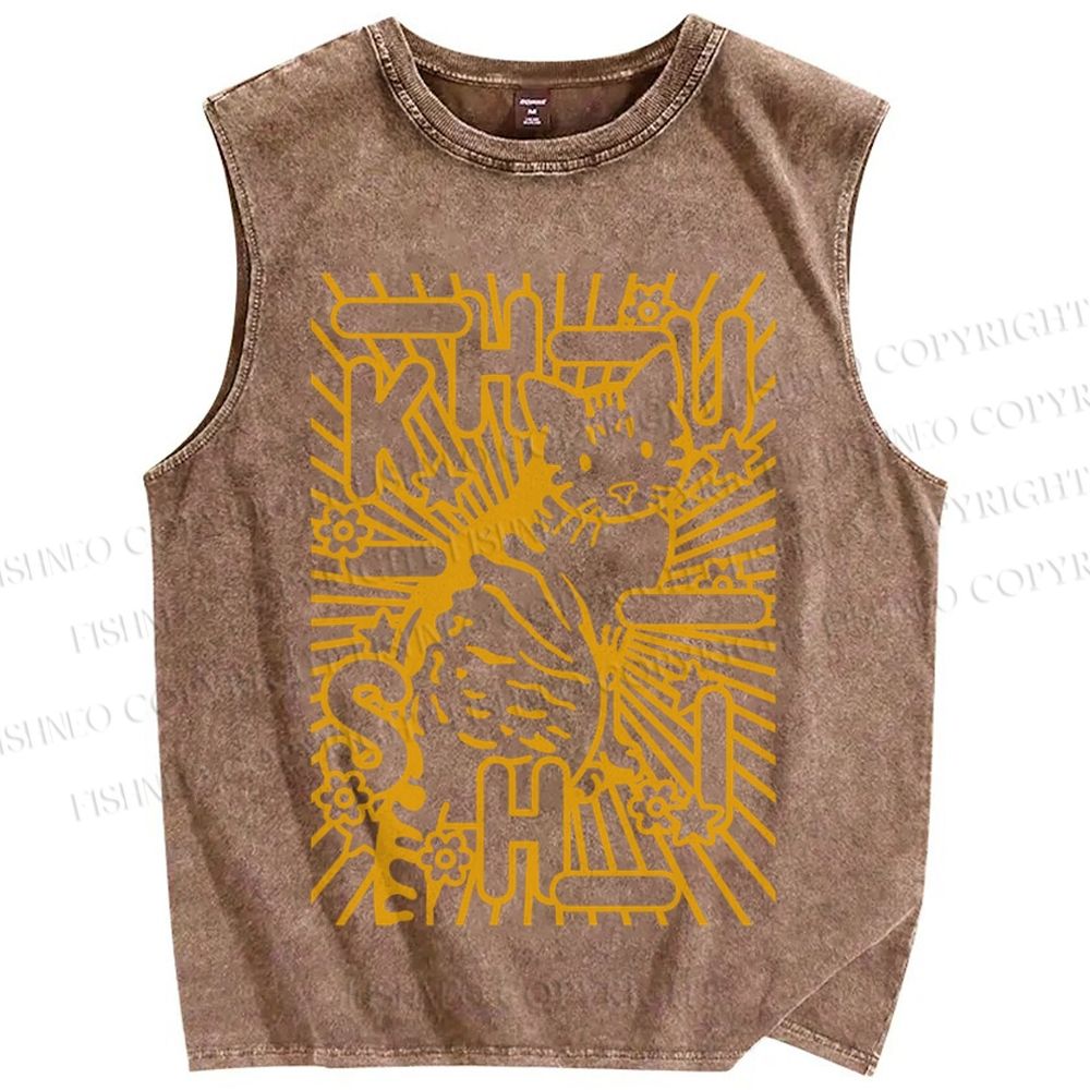 Unisex Cat With Stars Printed Washed Tank Top