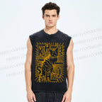 Unisex Cat With Stars Printed Washed Tank Top