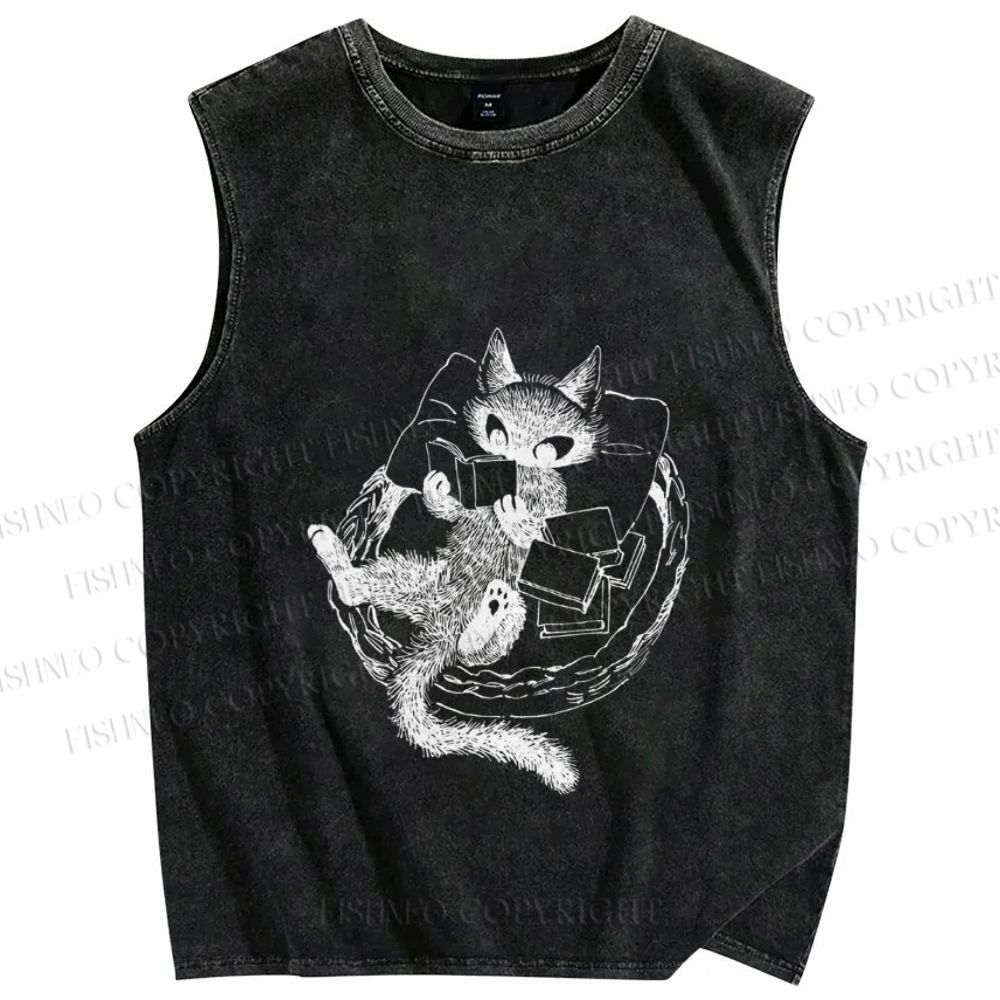 Unisex Black Cat Reading Book Printed Washed Tank Top