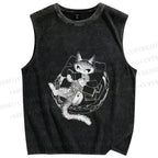 Unisex Black Cat Reading Book Printed Washed Tank Top