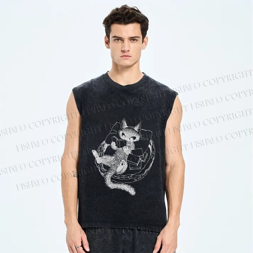 Unisex Black Cat Reading Book Printed Washed Tank Top