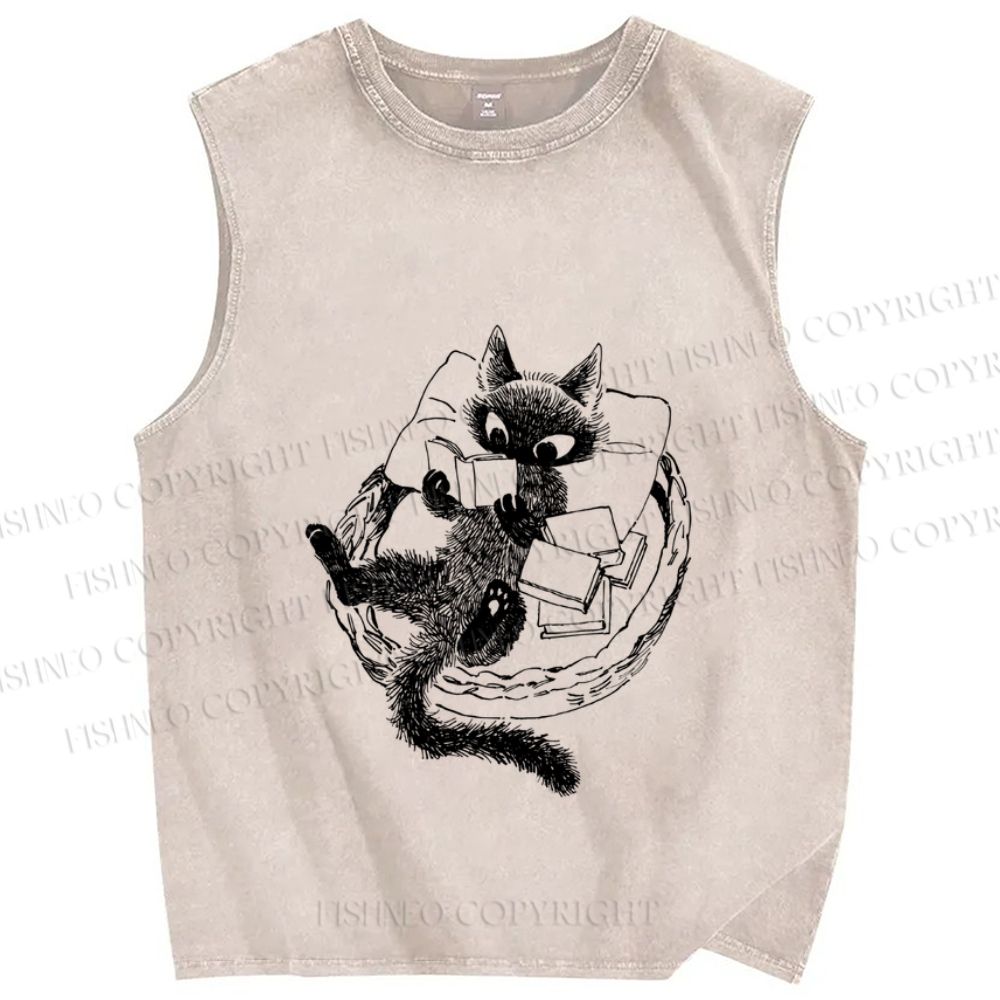 Unisex Black Cat Reading Book Printed Washed Tank Top