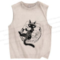 Unisex Black Cat Reading Book Printed Washed Tank Top