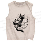 Unisex Black Cat Reading Book Printed Washed Tank Top