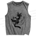 Unisex Black Cat Reading Book Printed Washed Tank Top