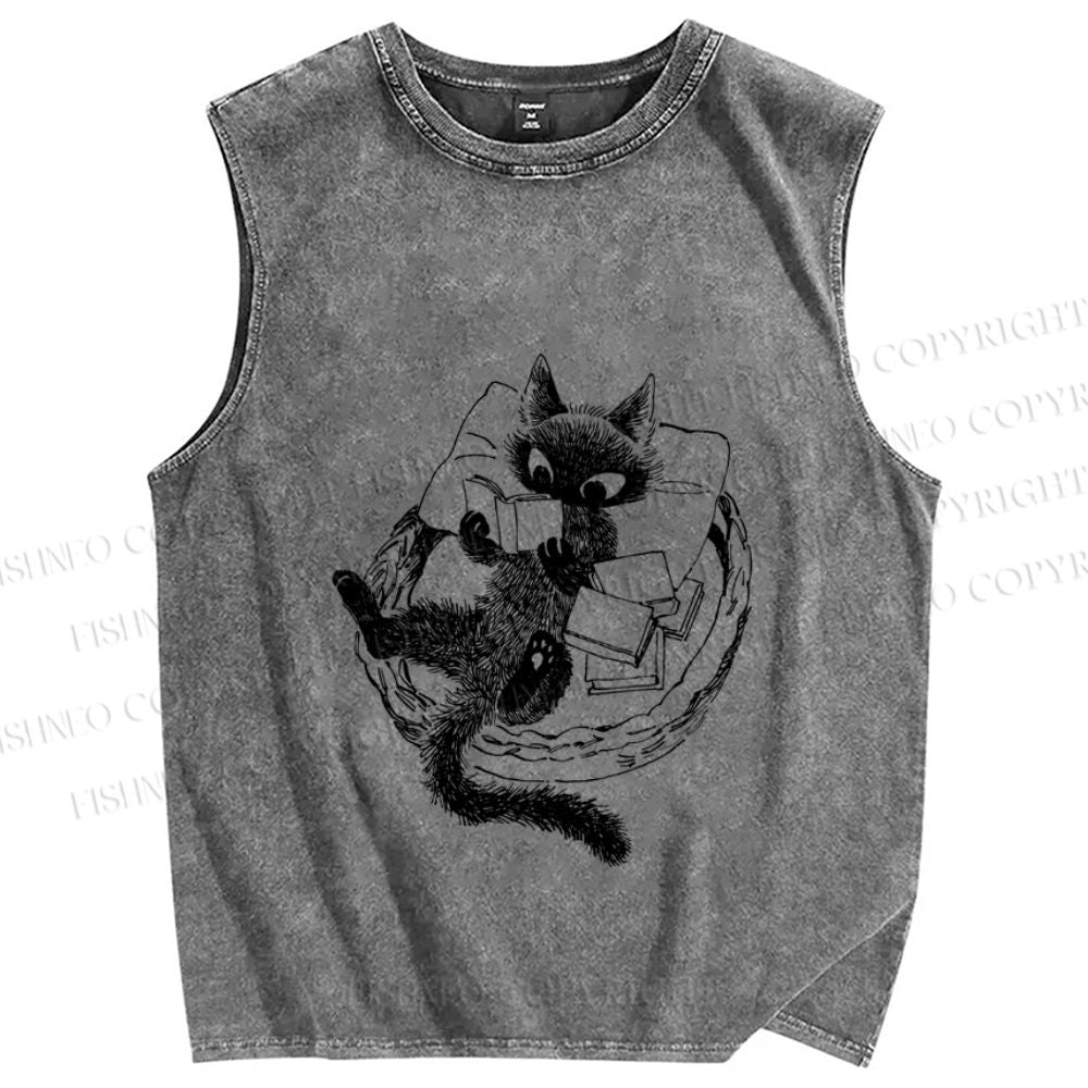 Unisex Black Cat Reading Book Printed Washed Tank Top