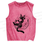 Unisex Black Cat Reading Book Printed Washed Tank Top