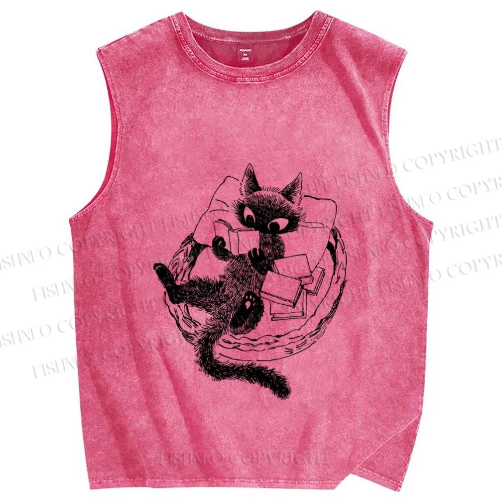 Unisex Black Cat Reading Book Printed Washed Tank Top