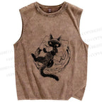 Unisex Black Cat Reading Book Printed Washed Tank Top