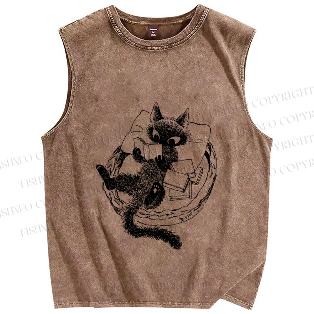 Unisex Black Cat Reading Book Printed Washed Tank Top
